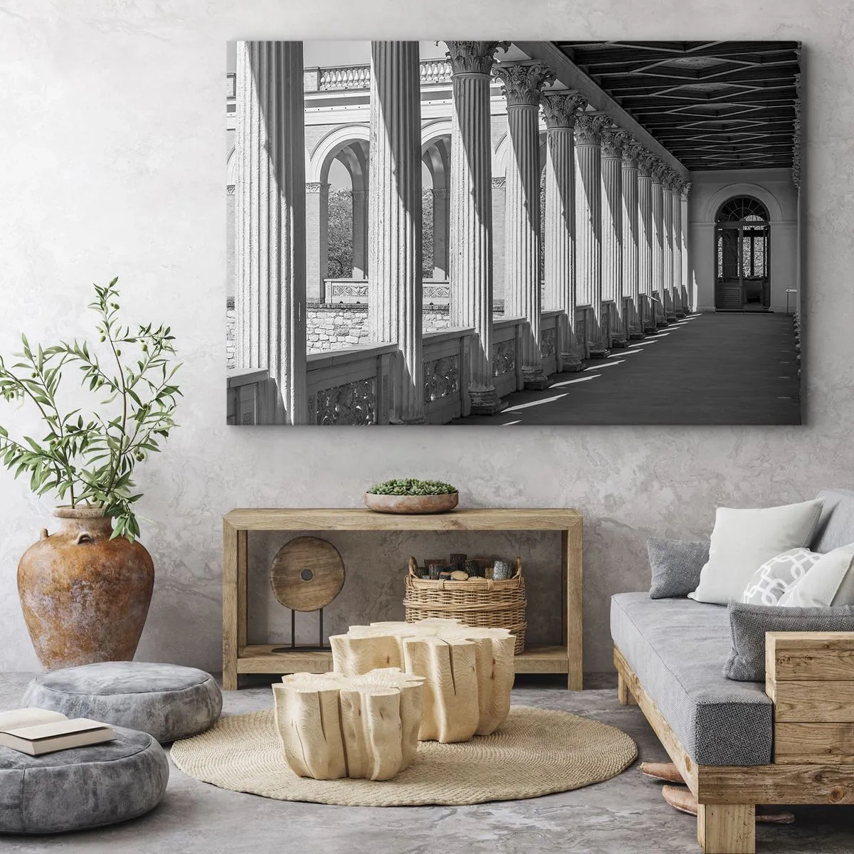 Lærredstryk - Billede på lærred - Klassisk stil kolonnade i sort og hvid - 70x50cm - Solrig arkade - Moderne vægdekoration til stue og soveværelse ARTTOR
