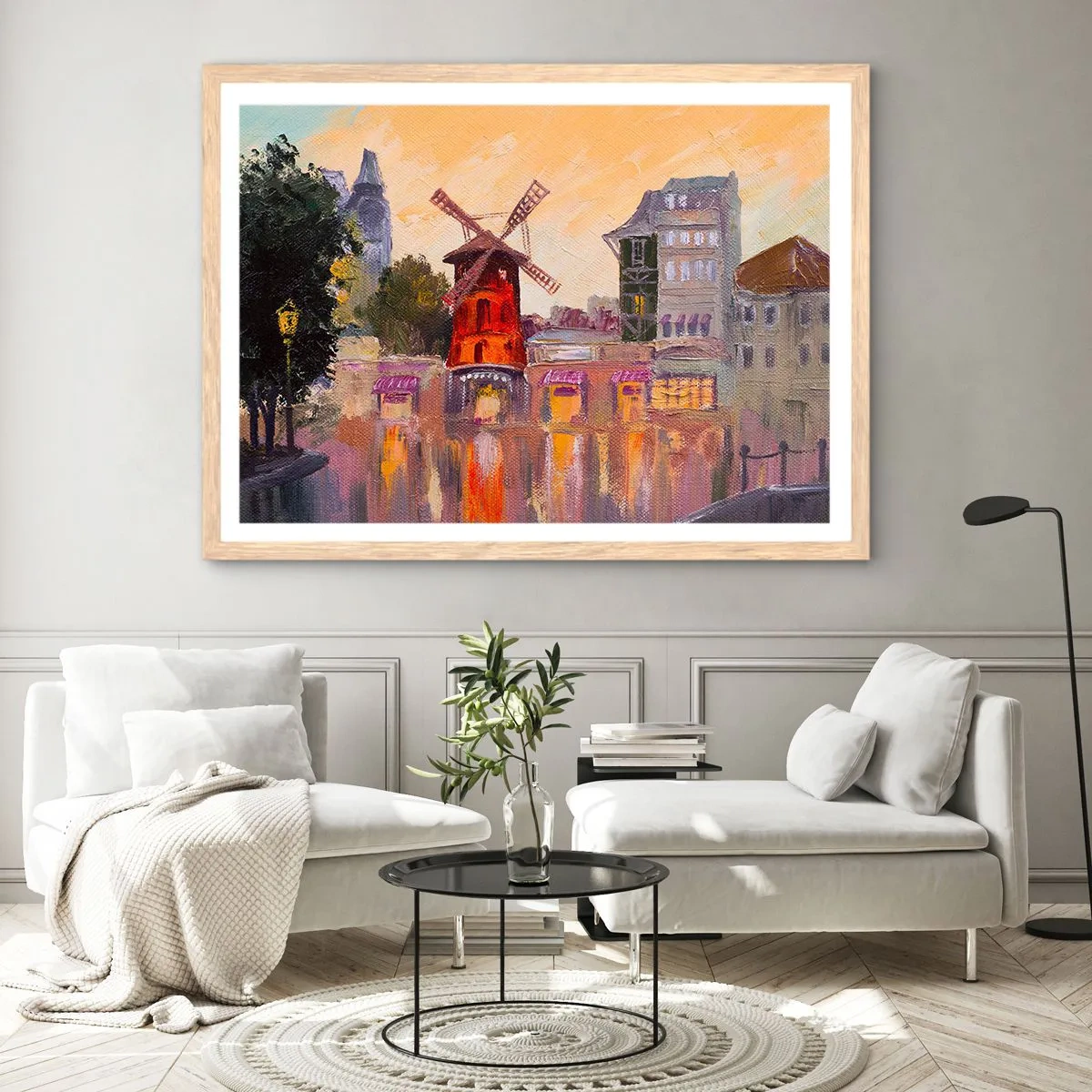 Plakat i ramme af lyst egetræ - Parisiske ikoner - Moulin Rouge - 100x70 cm