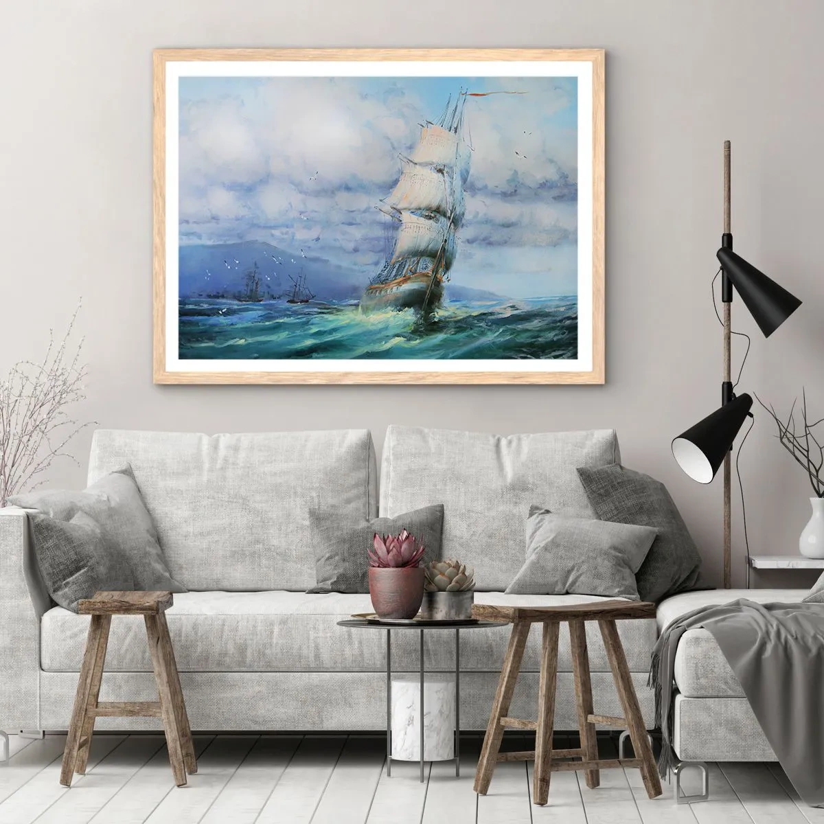 Plakat i ramme af lyst egetræ - God vind - 91x61 cm