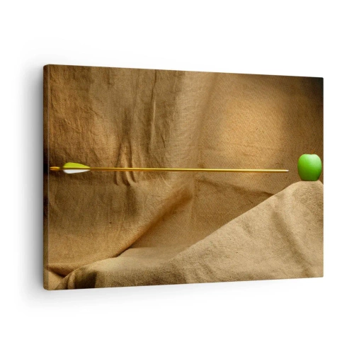Lærredstryk - Billede på lærred - Grønt æble på stof med en pil, der skaber en komposition - 70x50cm - Påkald William Tell's ånd - Moderne vægdekoration til stue og soveværelse ARTTOR