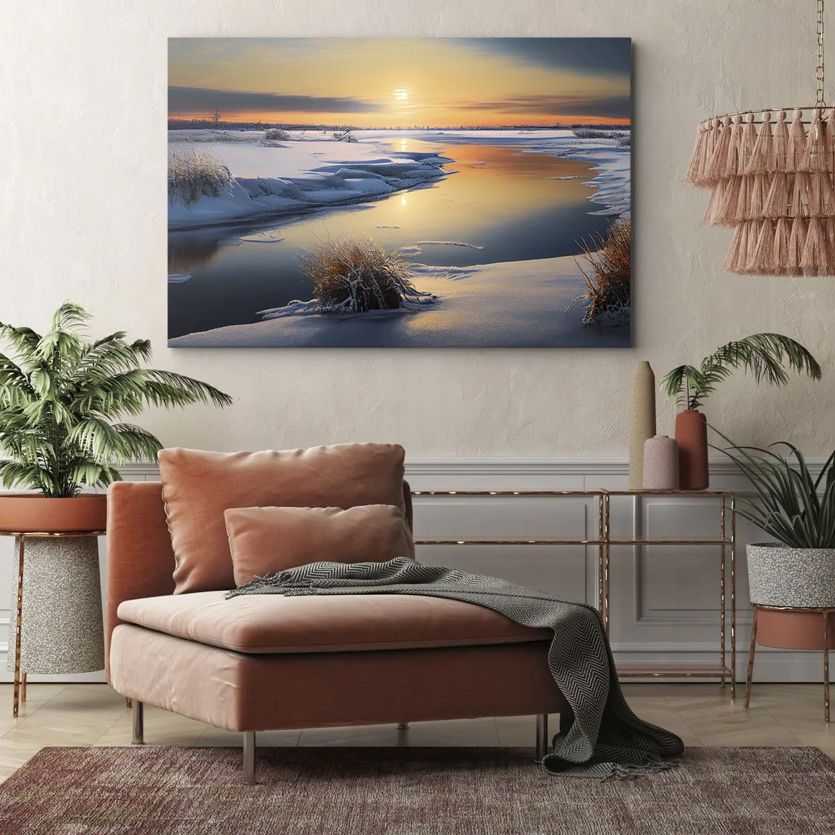 Lærredstryk - Billede på lærred - Vinterlandskab med en flod ved solnedgang - 70x50cm - Vintersolnedgang - Moderne vægdekoration til stue og soveværelse ARTTOR