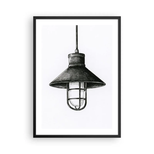 Plakat i sort ramme - Skitse af en industriel hængelampe - 50x70cm - Som for mange år siden... - Moderne vægdekoration til stue og soveværelse ARTTOR