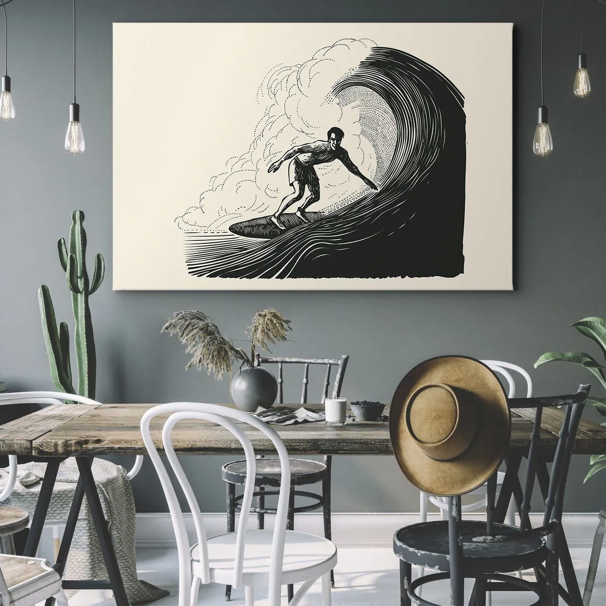 Lærredstryk - Billede på lærred - Sort-hvid grafik af en surfer, der rider på en bølge - 70x50cm - Bølgens konge - Moderne vægdekoration til stue og soveværelse ARTTOR