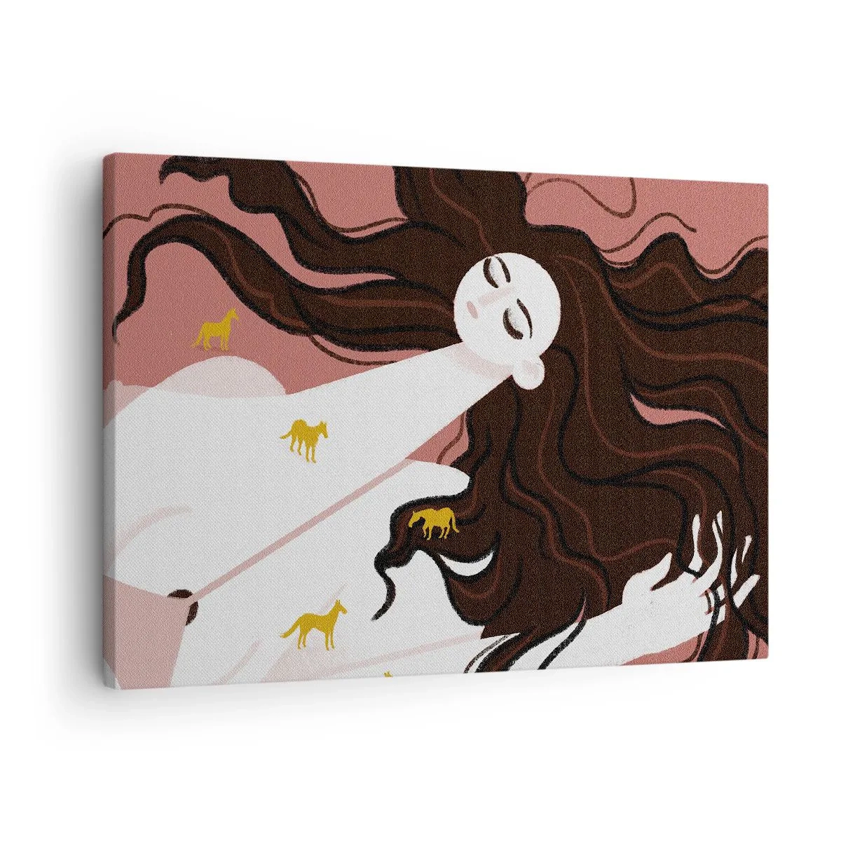 Lærredstryk - Billede på lærred - En figur med lukkede øjne omgivet af gyldne heste - 70x50cm - Drøm om en gylden hest - Moderne vægdekoration til stue og soveværelse ARTTOR