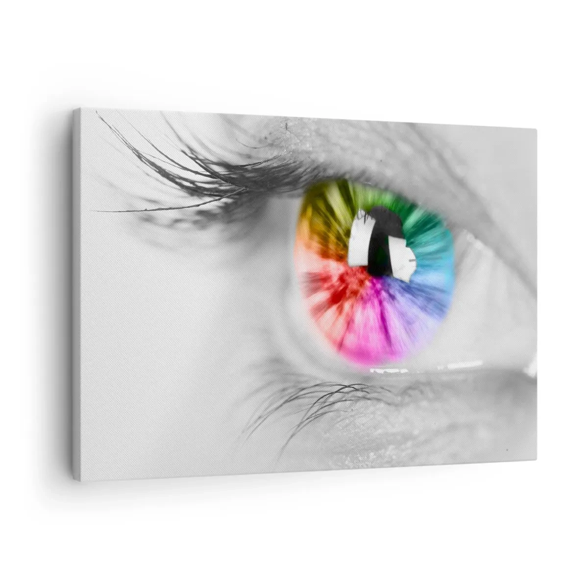 Lærredstryk - Billede på lærred - Kunstnerisk billede af et øje med en regnbuefarvet iris på en grå baggrund - 70x50cm - Se verden i farver - Moderne vægdekoration til stue og soveværelse ARTTOR