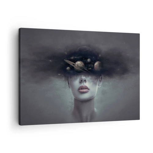 Lærredstryk - Billede på lærred - En kvindes ansigt med et planet- og rummotiv i baggrunden - 70x50cm - Og planeterne er ved at gå amok... - Moderne vægdekoration til stue og soveværelse ARTTOR