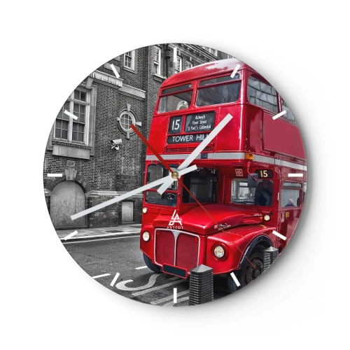 Vægur, Uret - En rød London-bus mod en baggrund af historiske bygninger - 30x30cm - Altid det samme - Moderne vægdekoration til stue, køkken og soveværelse ARTTOR