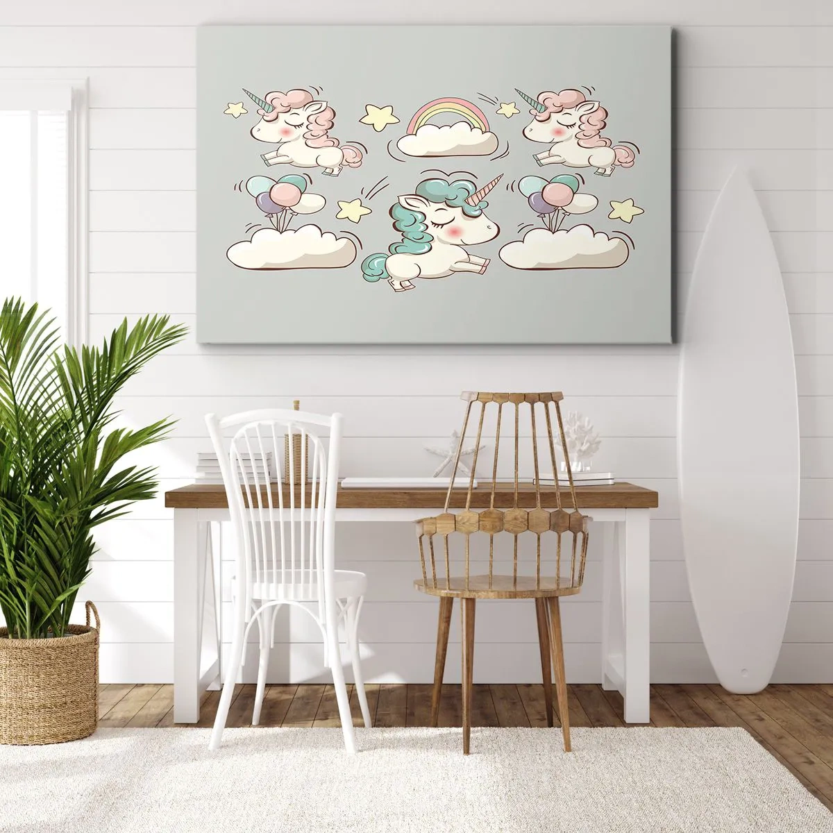 Lærredstryk - Billede på lærred - Søde enhjørninger på en pastel baggrund - 70x50cm - Der er bestemt ... - Moderne vægdekoration til stue og soveværelse ARTTOR