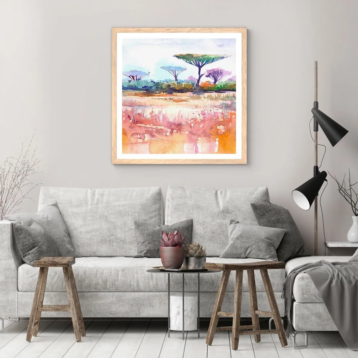 Plakat i ramme af lyst egetræ - Savannens farver - 50x50 cm