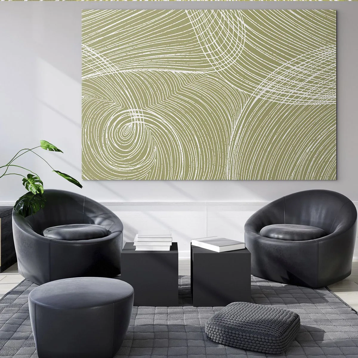 Billede på glas - Hvide linjer danner en kompleks struktur mod en olivengrøn baggrund. - 70x50cm - Indviklet abstraktion i hvidt - Moderne vægdekoration til stue og soveværelse ARTTOR