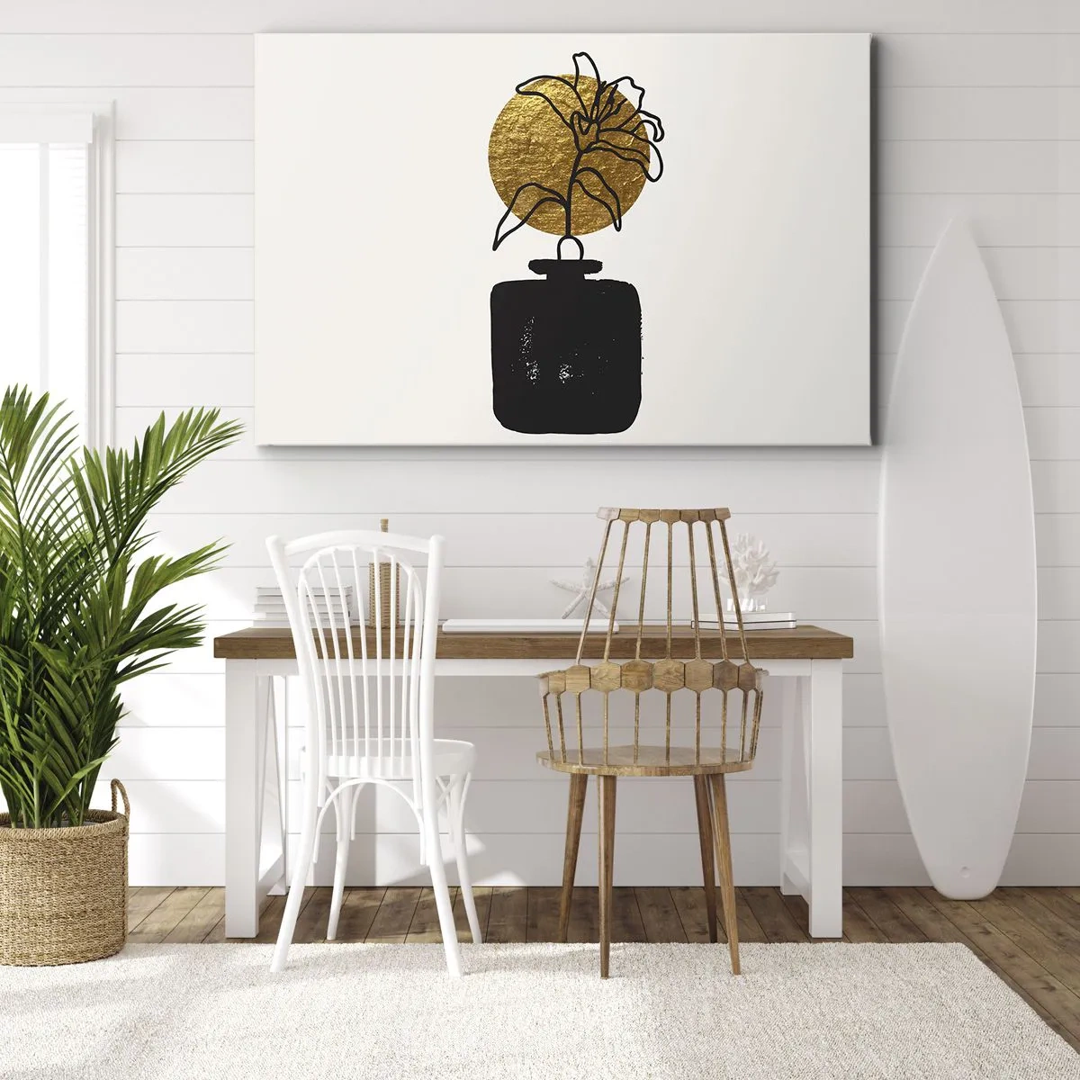 Lærredstryk - Billede på lærred - En tegning af en blomst i en vase mod en gylden cirkelbaggrund - 70x50cm - Skønhed i balance - Moderne vægdekoration til stue og soveværelse ARTTOR
