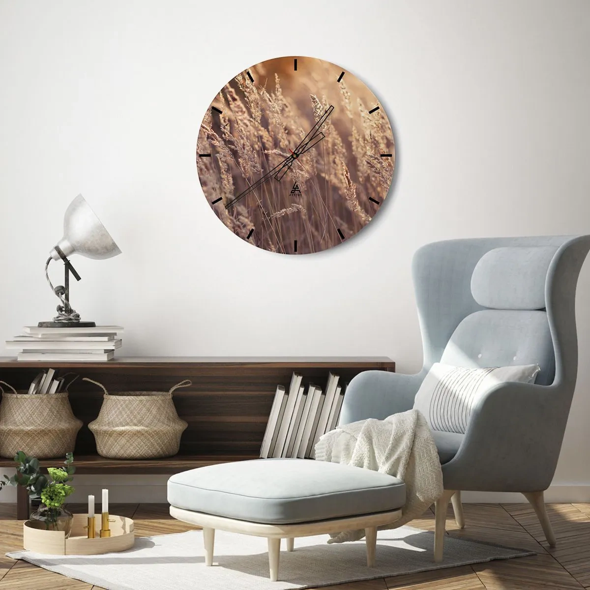 Vægur, Uret - Gyldne græsser i efterårets solnedgangslys - 30x30cm - Klar til at byde efteråret velkommen - Moderne vægdekoration til stue, køkken og soveværelse ARTTOR