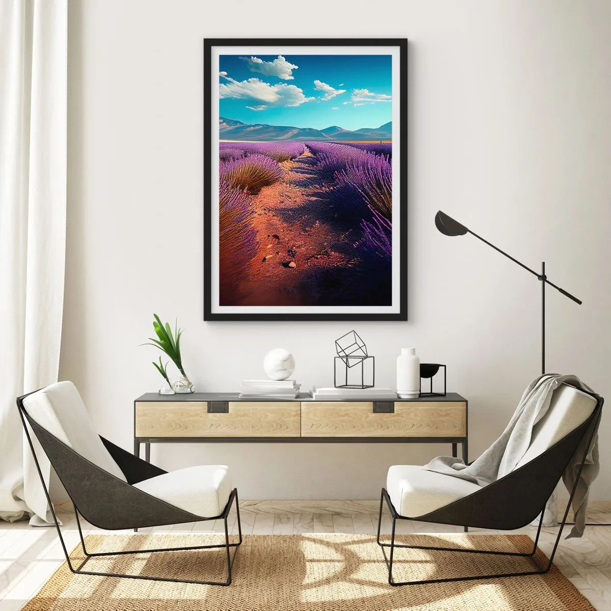 Plakat i sort ramme - En lavendelmark ved solnedgang med et bjerglandskab i baggrunden - 50x70cm - Duftende marker - Moderne vægdekoration til stue og soveværelse ARTTOR