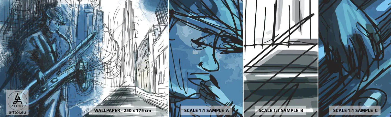 Prøve Fototapet Selvklæbende Deluxe Sticker - Byens rapsodi - Saxofon, Jazz, musik - 100x30 cm