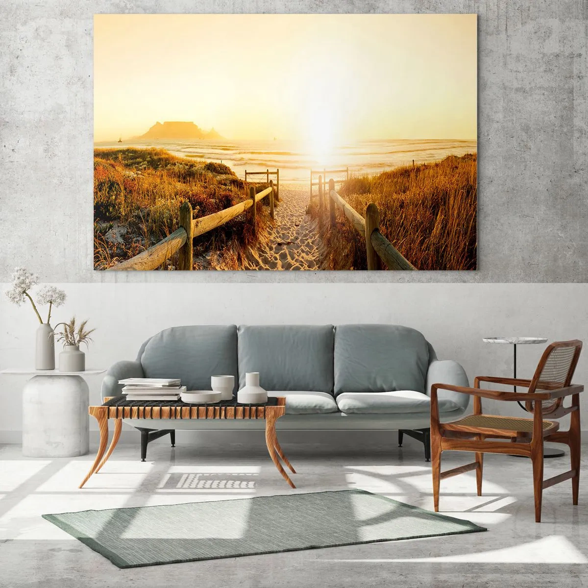 Billede på glas - Sti over klitten, der fører til stranden ved solnedgang - 70x50cm - Over klitten, mod solen - Moderne vægdekoration til stue og soveværelse ARTTOR