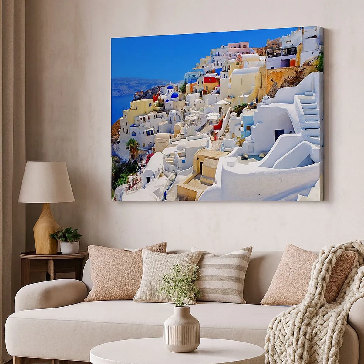 Lærredstryk - Billede på lærred - Panorama over Santorini med hvide huse og blå himmel - 70x50cm - Drømme om en græsk sommer - Moderne vægdekoration til stue og soveværelse ARTTOR