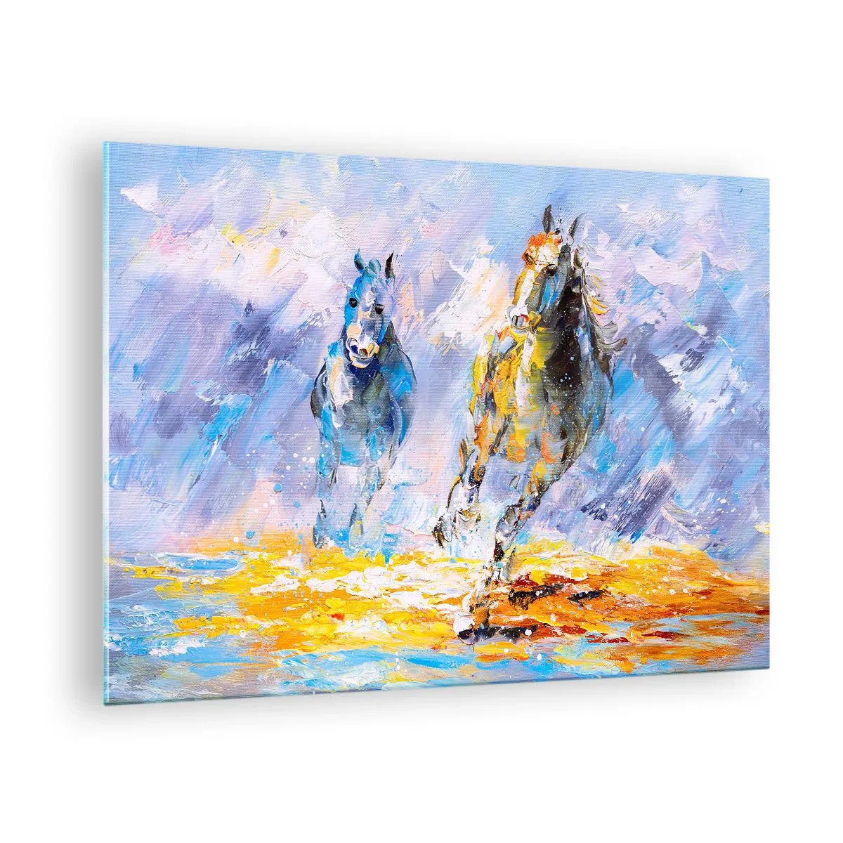 Billede på glas - To heste galoperer gennem vand i kunstnerisk stil - 70x50cm - Galopperer gennem det blanke skær - Moderne vægdekoration til stue og soveværelse ARTTOR