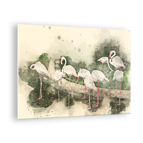 Billede på glas - Flamingoer mod baggrunden af en akvarelkomposition - 70x50cm - En eksotisk drøm - Moderne vægdekoration til stue og soveværelse ARTTOR