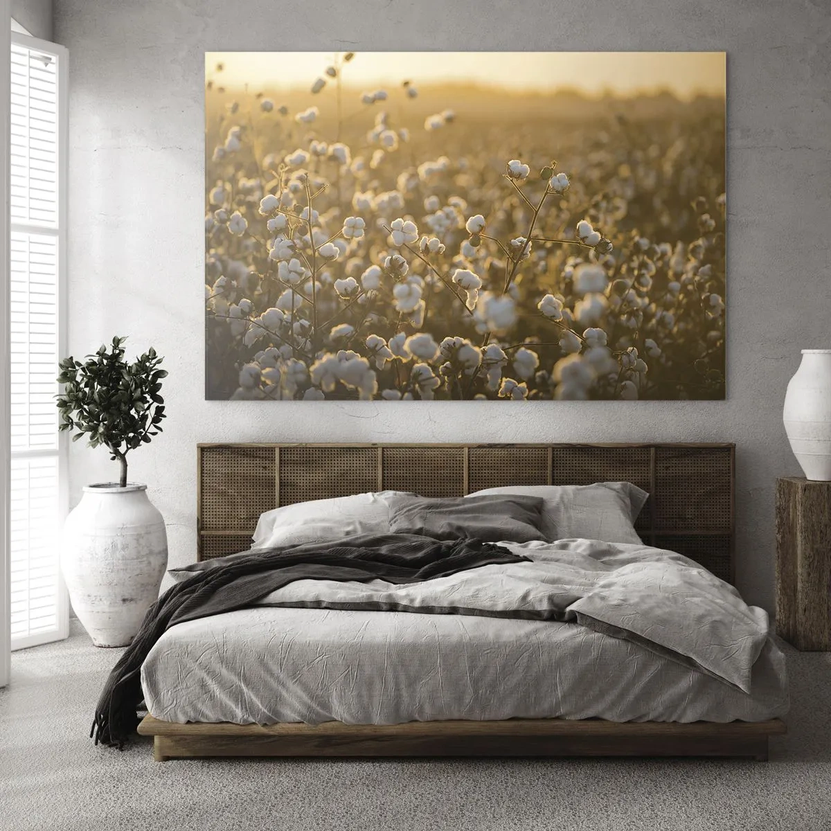 Billede på glas - Bomuldsmark ved solnedgang - 70x50cm - Et luftigt felt - Moderne vægdekoration til stue og soveværelse ARTTOR
