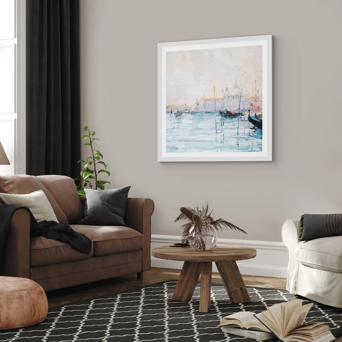 Plakat i hvid ramme - Bag vandet, bag tågen, bag tågen - 60x60 cm