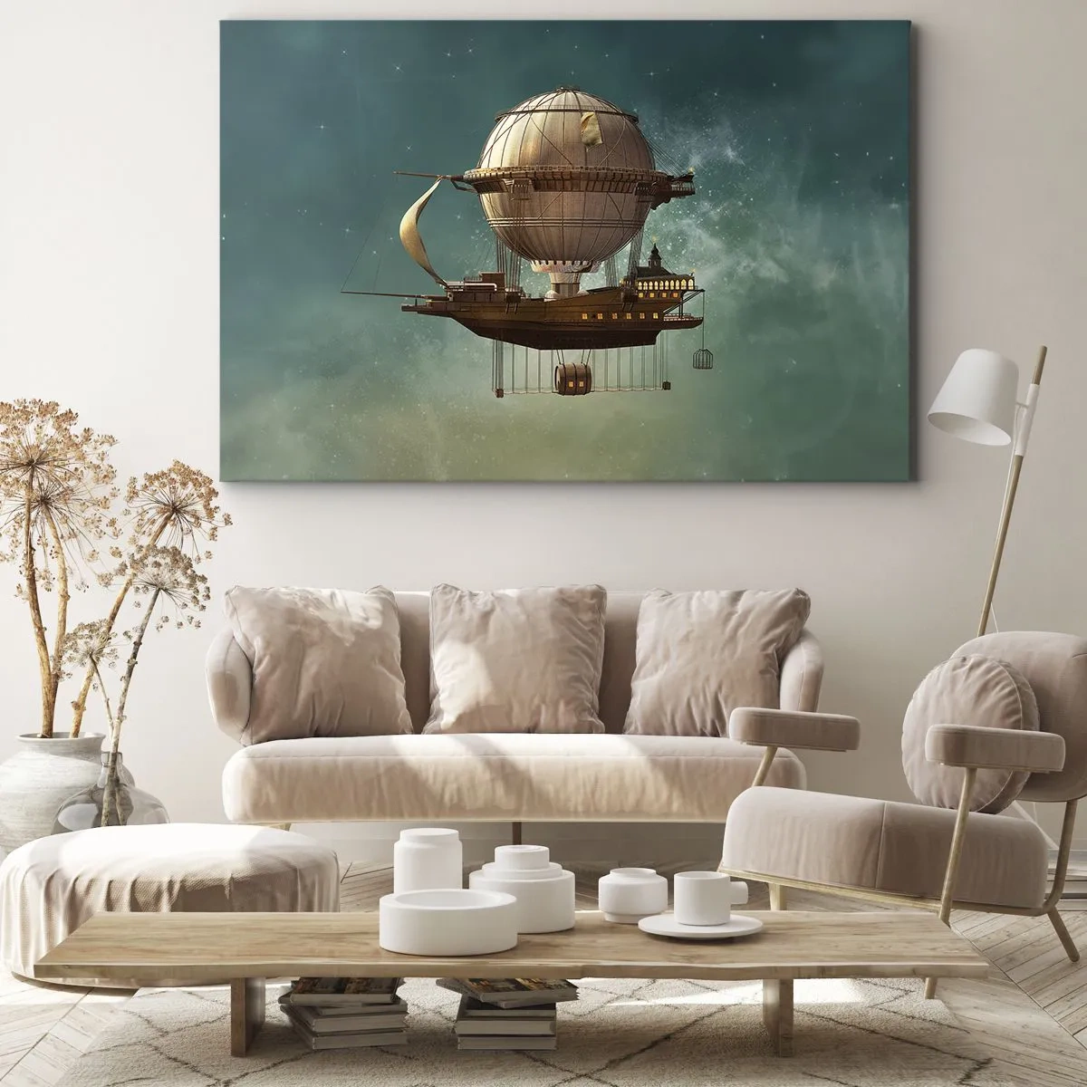 Lærredstryk - Billede på lærred - Et fantastisk luftskib mod den grønlige himmel - 70x50cm - Jules Verne hilser - Moderne vægdekoration til stue og soveværelse ARTTOR