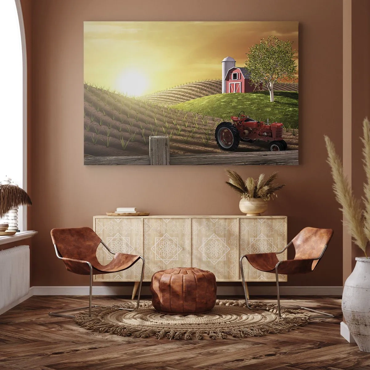 Lærredstryk - Billede på lærred - Landligt landskab med en rød lade, traktor og solopgang - 70x50cm - En gård som et eventyr - Moderne vægdekoration til stue og soveværelse ARTTOR