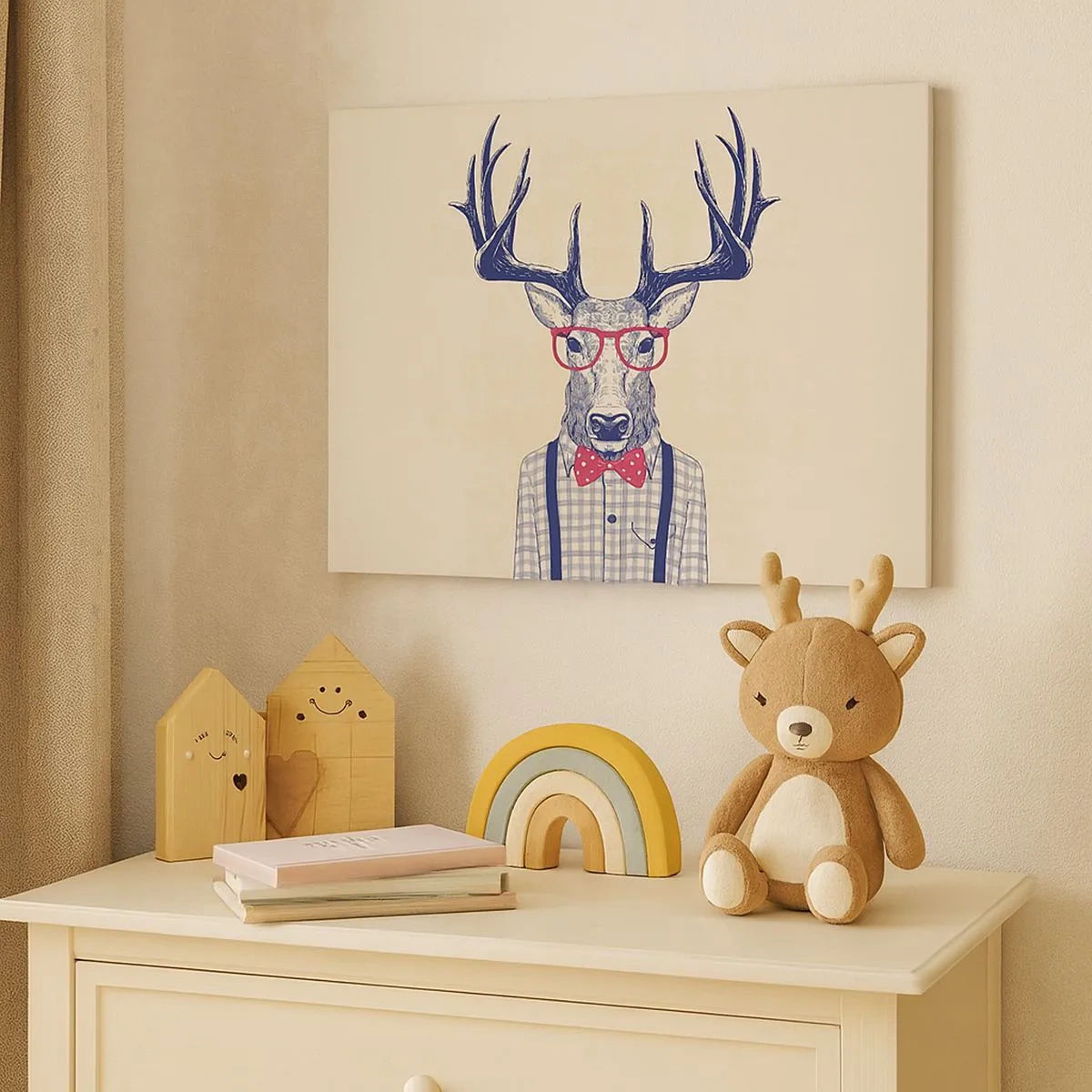 Lærredstryk - Billede på lærred - Stiliseret grafik af en hjort med briller og butterfly - 70x50cm - Et underholdende ekstravaganza - Moderne vægdekoration til stue og soveværelse ARTTOR