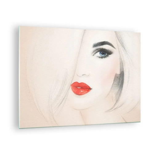 Billede på glas - Portræt af en kvinde med lyst hår, røde læber og blå øjne - 70x50cm - Hypnotiserer og beruser - Moderne vægdekoration til stue og soveværelse ARTTOR
