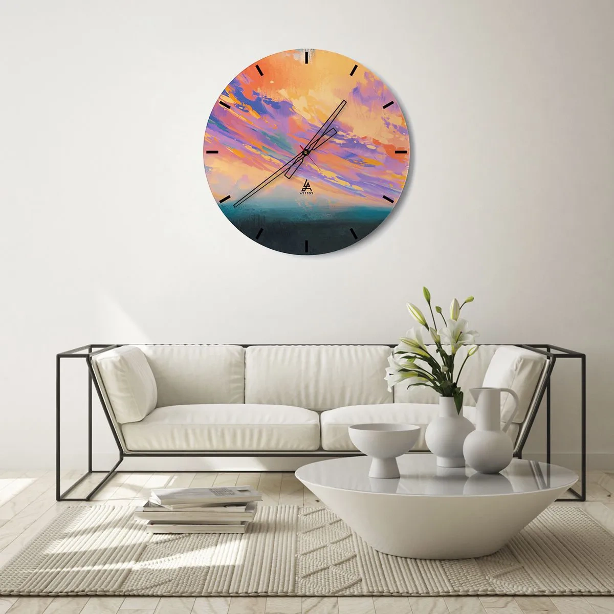 Vægur, Uret - Abstrakt solnedgang i pastelfarver - 30x30cm - Tiltrækningskraft - Moderne vægdekoration til stue, køkken og soveværelse ARTTOR