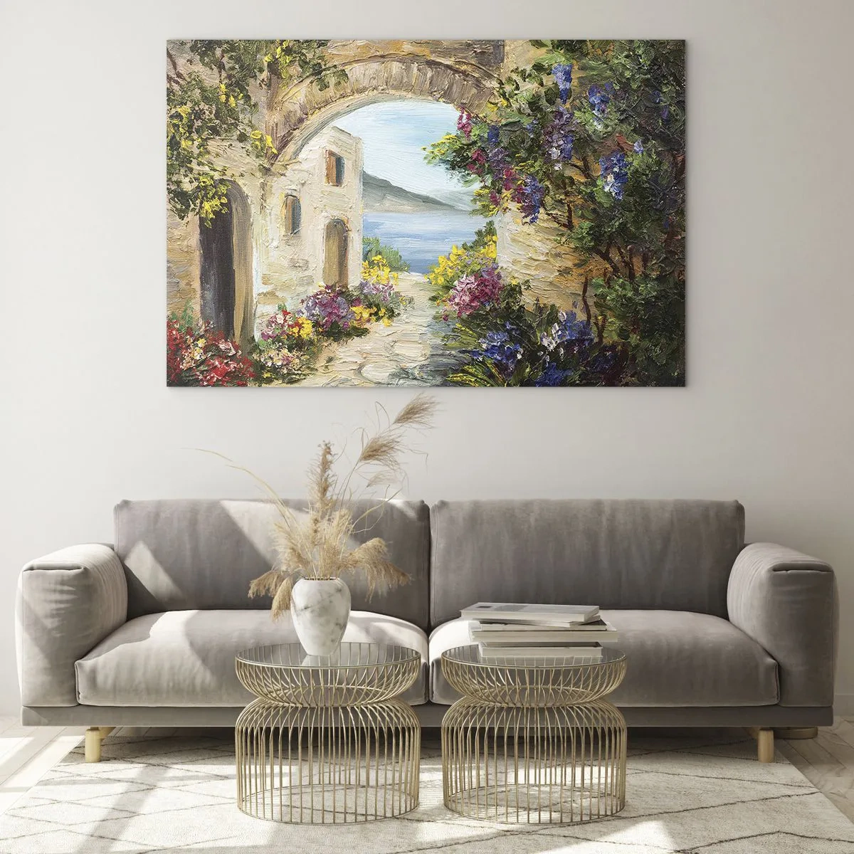Billede på glas - En malerisk gade med udsigt over søen - 70x50cm - Charmen af kystlandskabet - Moderne vægdekoration til stue og soveværelse ARTTOR