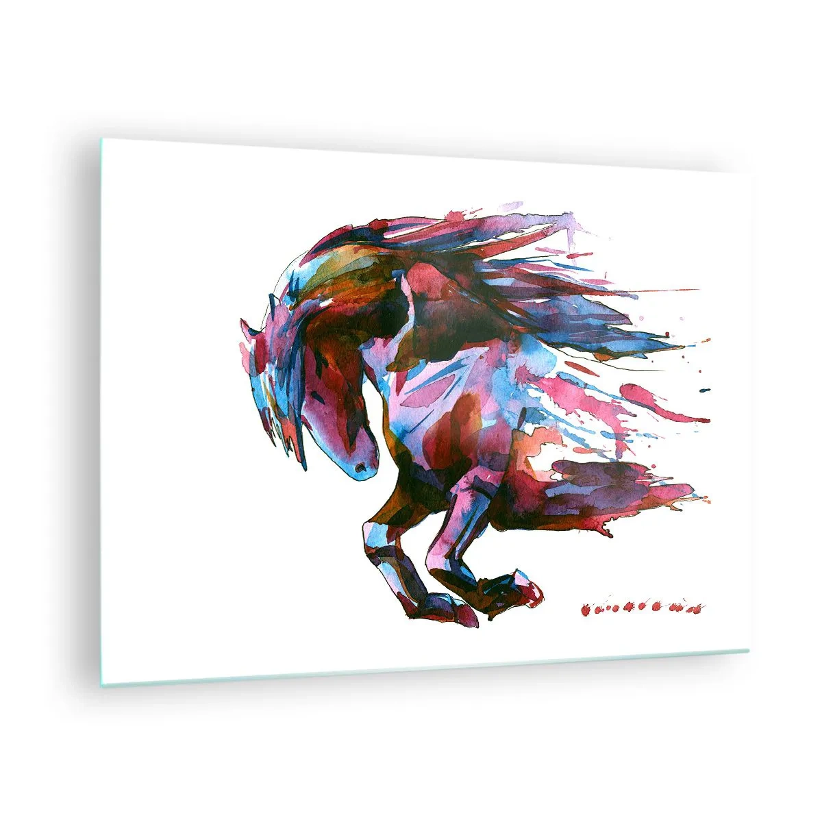 Billede på glas - Abstrakt hest i en dynamisk farvekomposition - 70x50cm - I henrykkelse - Moderne vægdekoration til stue og soveværelse ARTTOR