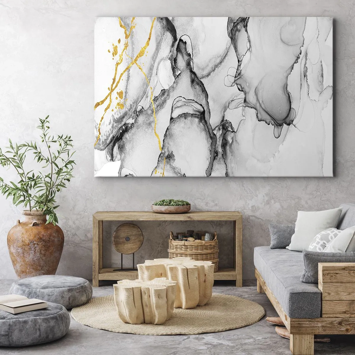 Lærredstryk - Billede på lærred - Abstrakte sort-hvide mønstre med gulddetaljer - 70x50cm - Sammensætning med guldmotiv - Moderne vægdekoration til stue og soveværelse ARTTOR