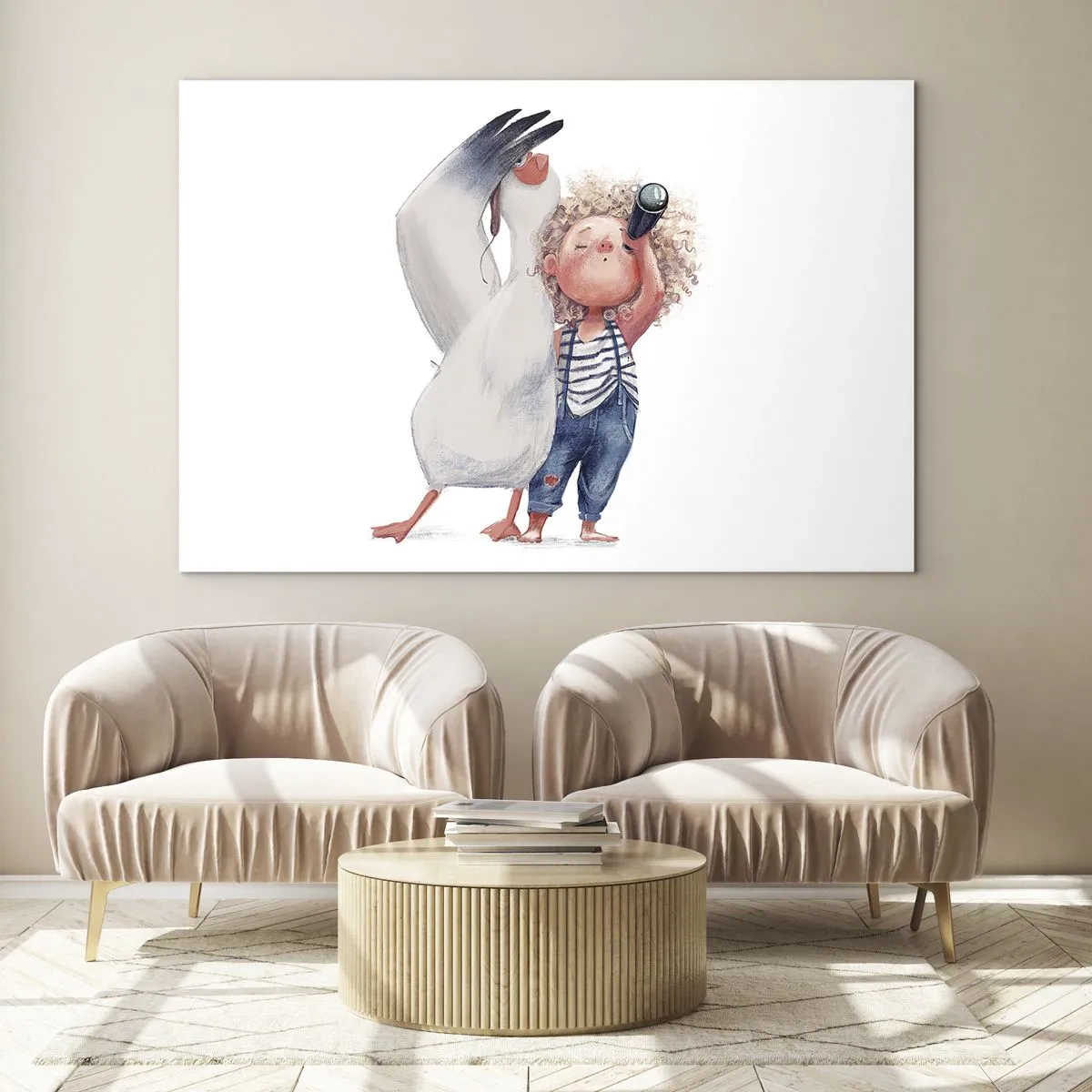 Billede på glas - Baby med kikkert og stork i en sjov illustrationsstil - 70x50cm - En plan for en fantastisk rejse - Moderne vægdekoration til stue og soveværelse ARTTOR