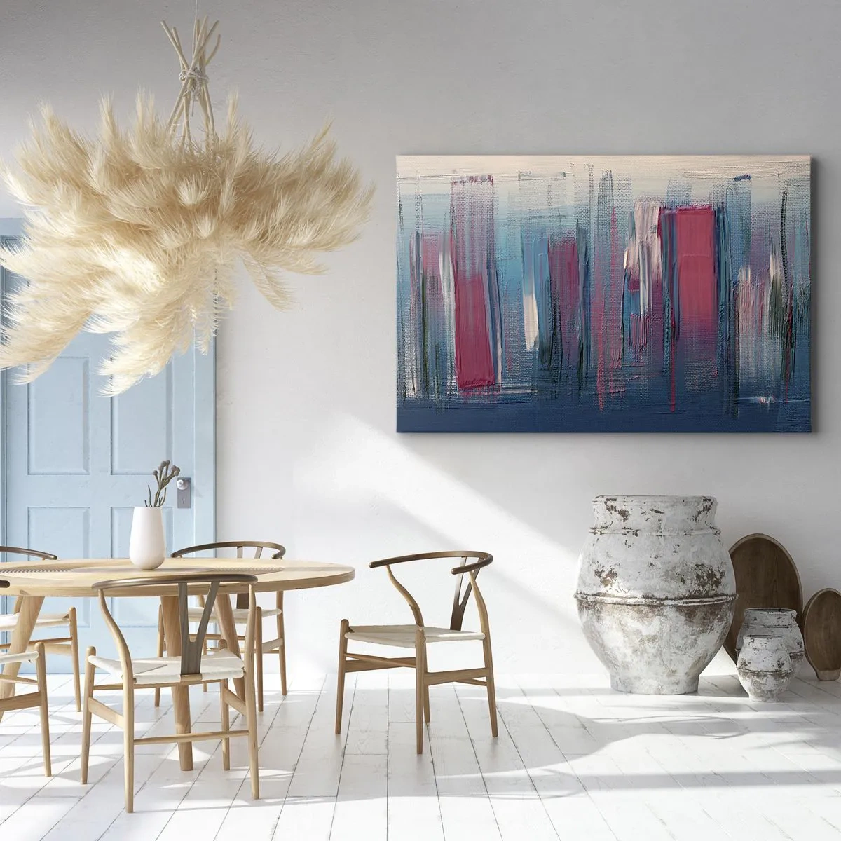 Lærredstryk - Billede på lærred - Abstrakte vertikale former i nuancer af blå og rød - 70x50cm - Lodret komposition i blåt og rødt - Moderne vægdekoration til stue og soveværelse ARTTOR