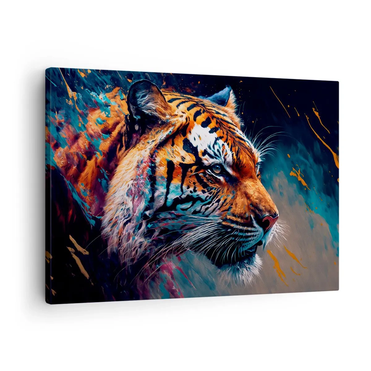 Lærredstryk - Billede på lærred - Portræt af en tiger i dynamiske, abstrakte farver - 70x50cm - Vild skønhed - Moderne vægdekoration til stue og soveværelse ARTTOR