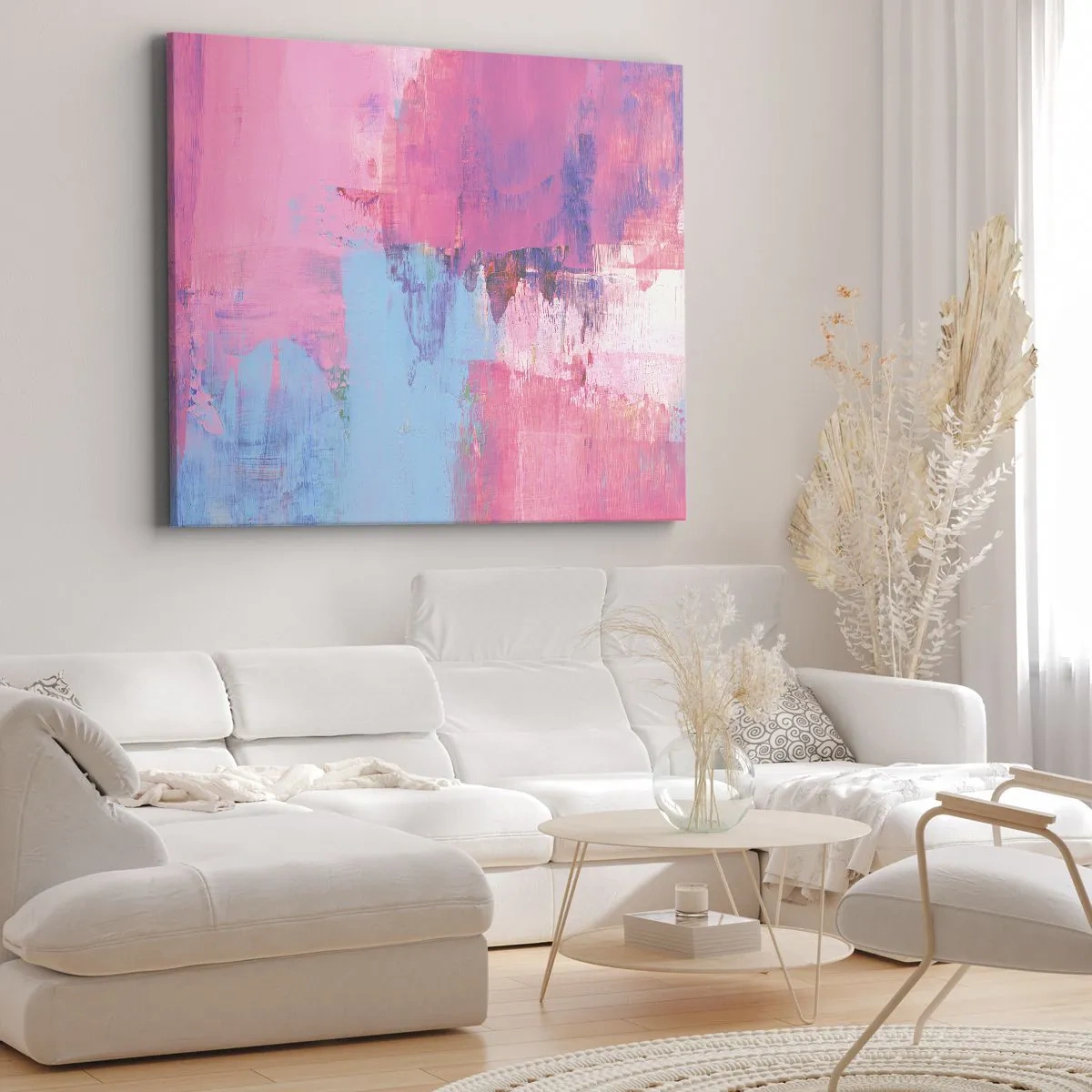 Lærredstryk - Billede på lærred - Lyserød, blå og en knivspids lys - 100x70 cm