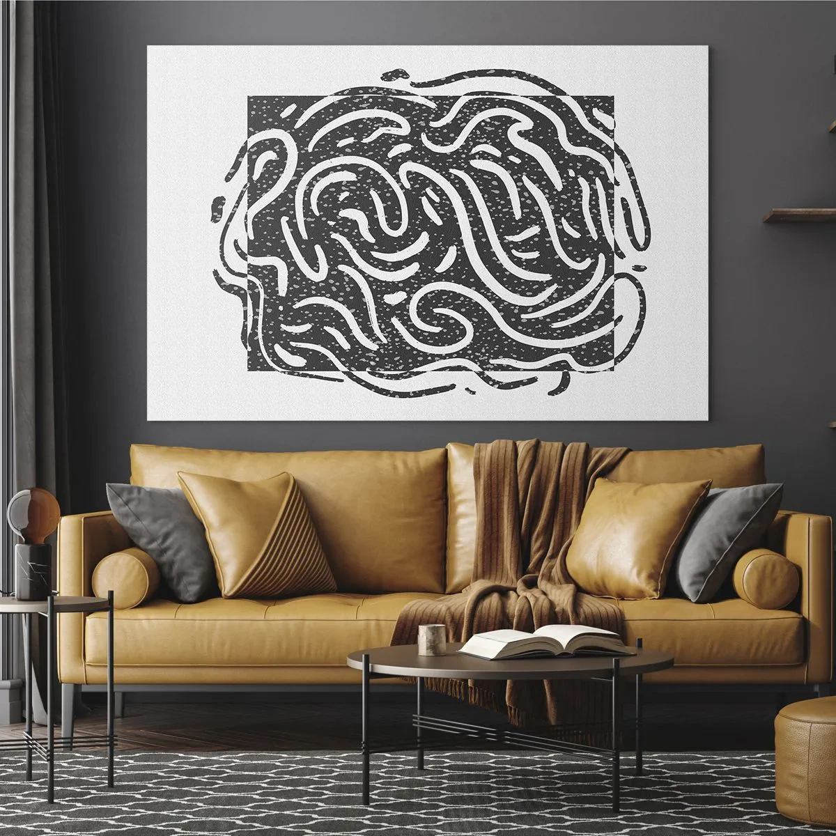 Billede på glas - Dynamiske abstrakte linjer og prikker skaber en energisk form - 70x50cm - Abstraktion: en dans af glæde - Moderne vægdekoration til stue og soveværelse ARTTOR