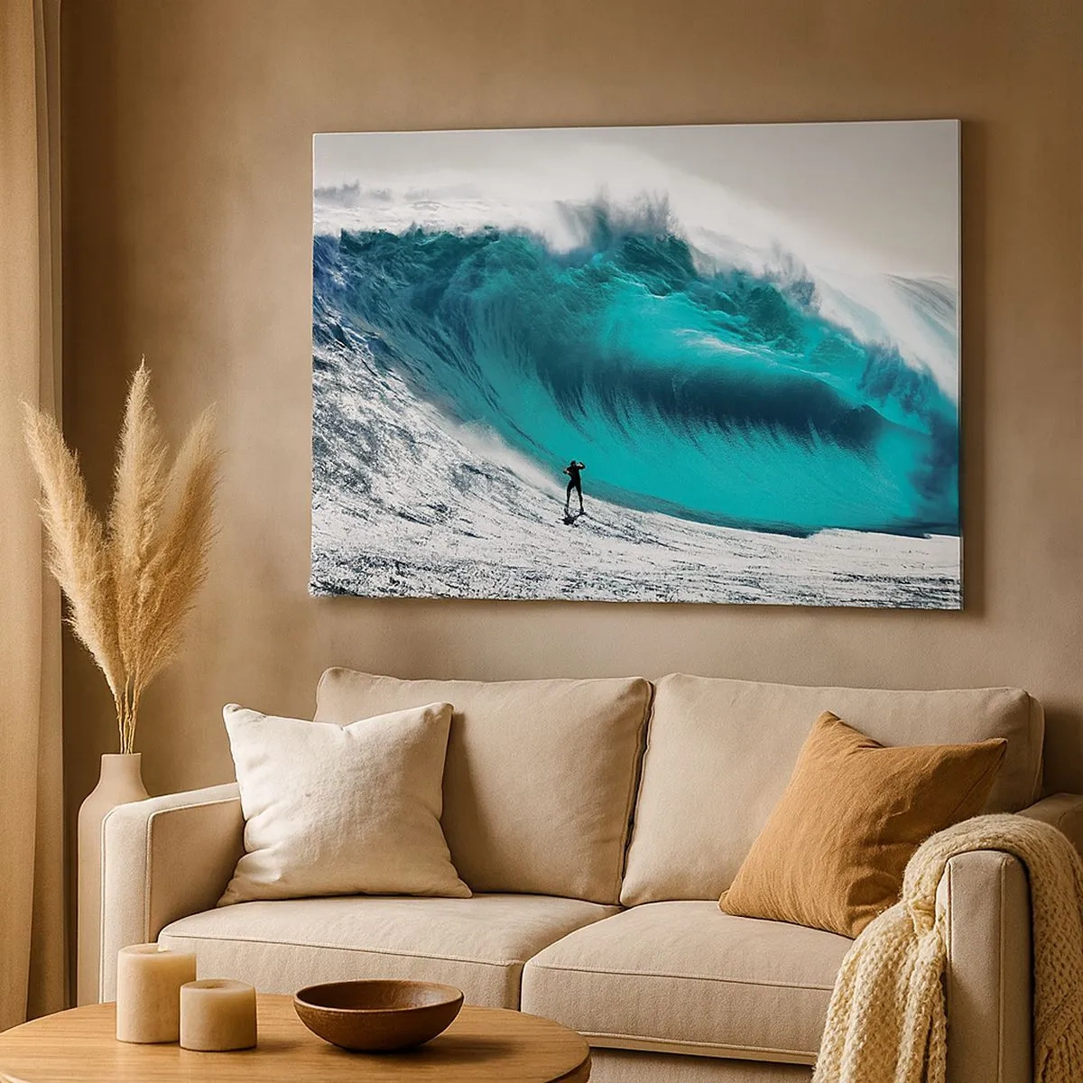 Lærredstryk - Billede på lærred - Surfer foran en kæmpe bølge - 70x50cm - Udfordring accepteret - Moderne vægdekoration til stue og soveværelse ARTTOR