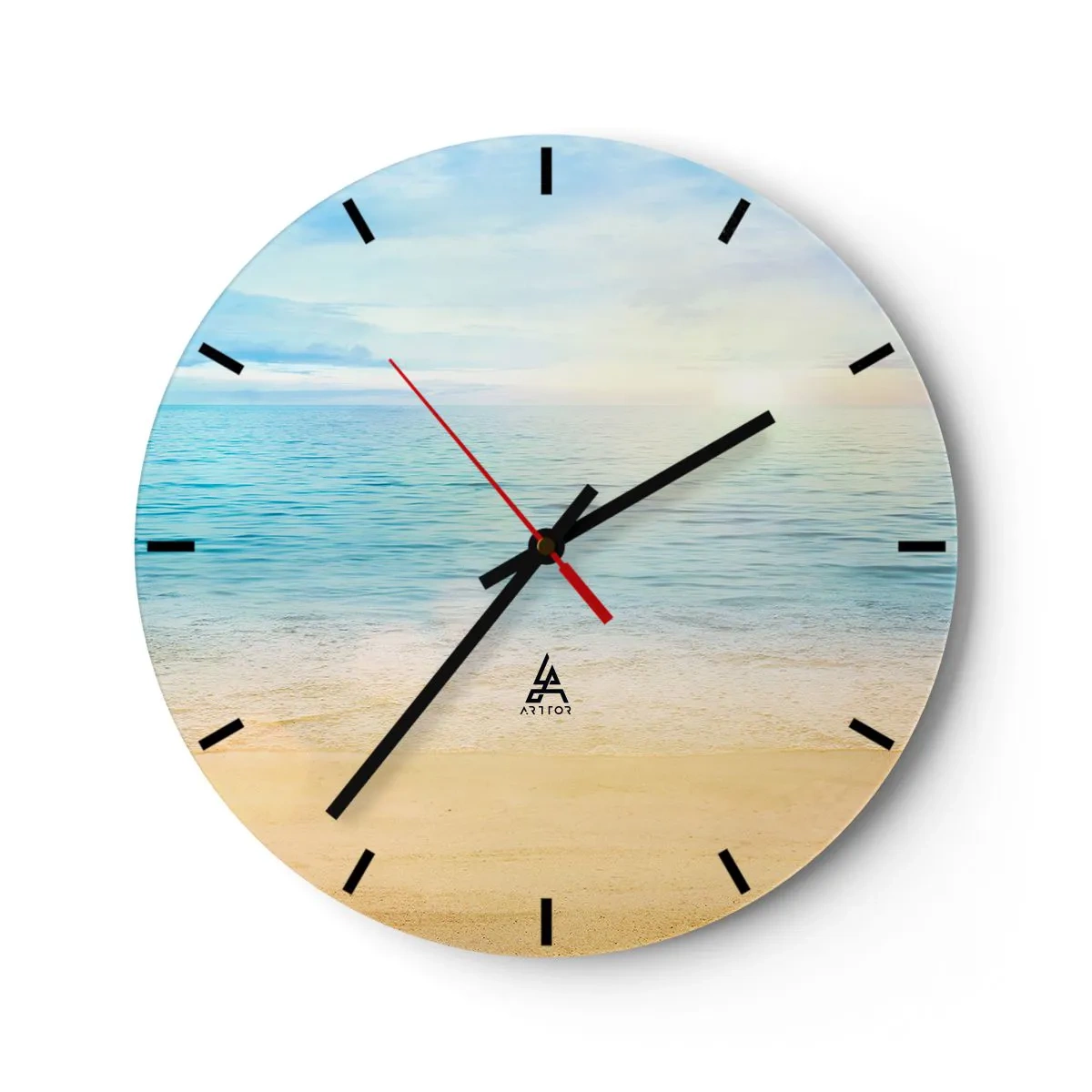 Vægur, Uret - En stille strand med azurblåt hav og klar himmel - 30x30cm - Det store blå - Moderne vægdekoration til stue, køkken og soveværelse ARTTOR