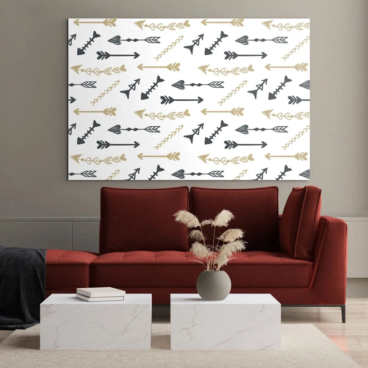 Billede på glas - Et mønster af pile i forskellige farver på en hvid baggrund - 70x50cm - Skyttens drøm - Moderne vægdekoration til stue og soveværelse ARTTOR