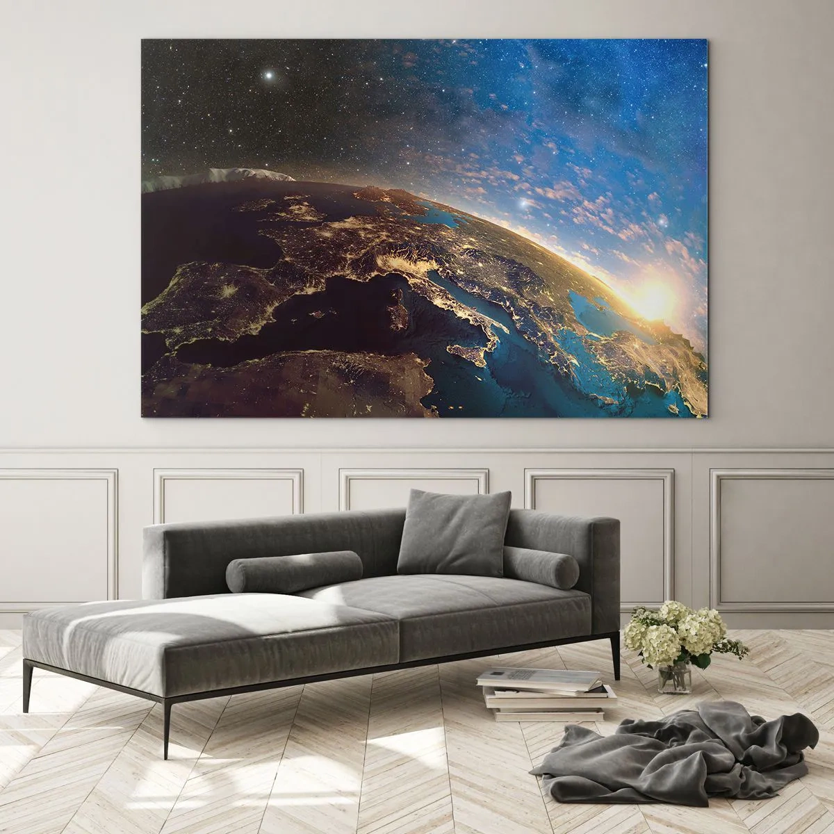 Billede på glas - Jorden set fra rummet med solopgangen synlig - 70x50cm - Lad os se på hinanden på afstand - Moderne vægdekoration til stue og soveværelse ARTTOR