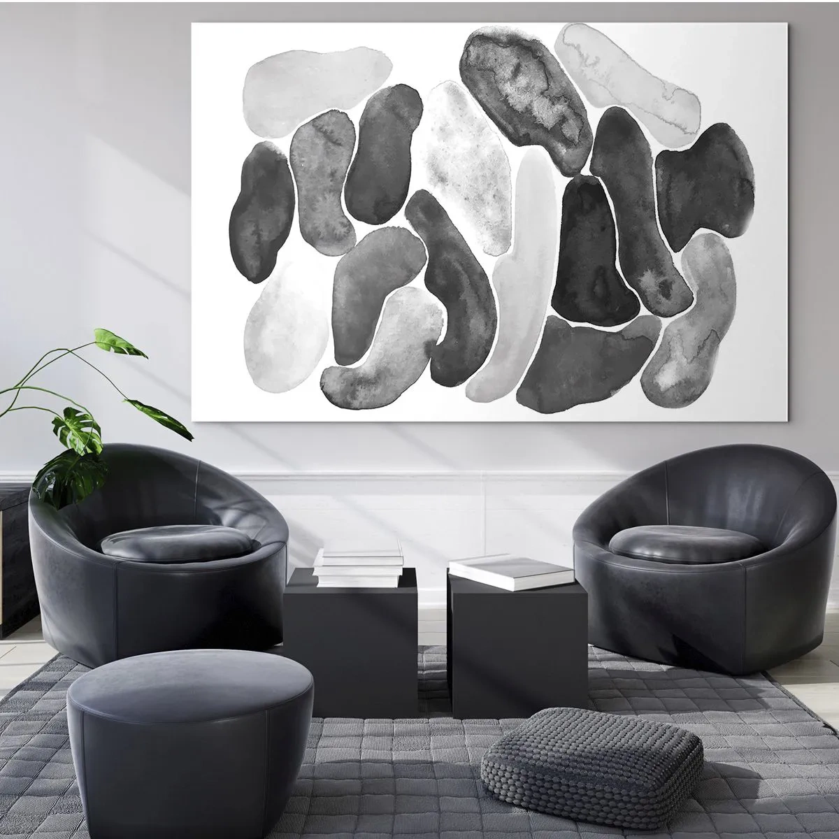 Billede på glas - En sort-hvid komposition af abstrakte former, der ligner sten. - 70x50cm - Stenet abstraktion - Moderne vægdekoration til stue og soveværelse ARTTOR