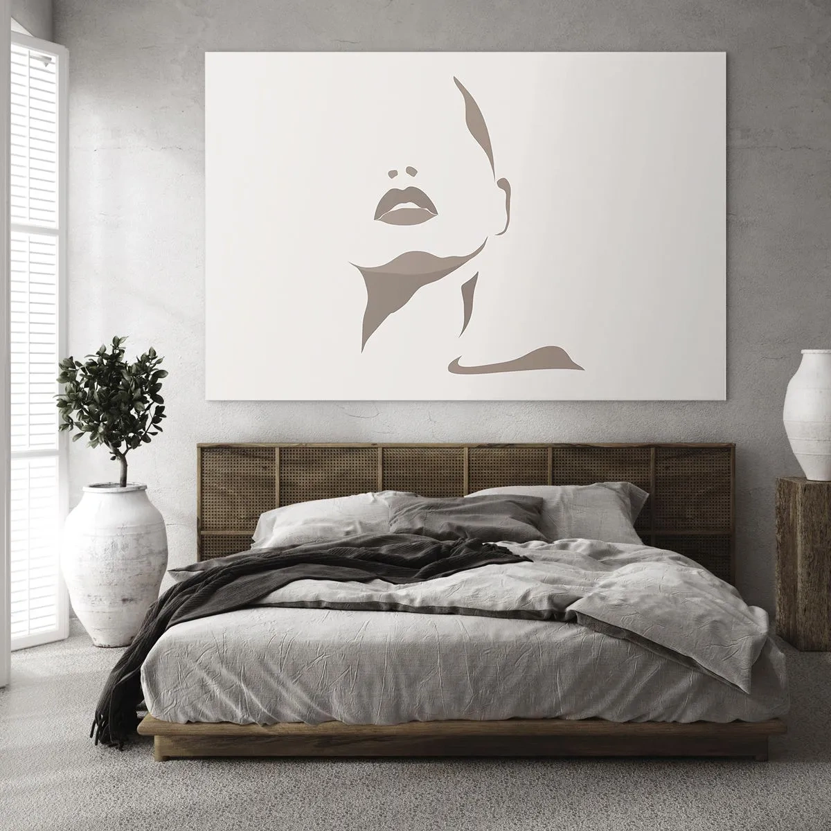Billede på glas - Omrids af en kvindes ansigt og hals i minimalistisk stil - 70x50cm - Skabt af lys og skygge - Moderne vægdekoration til stue og soveværelse ARTTOR