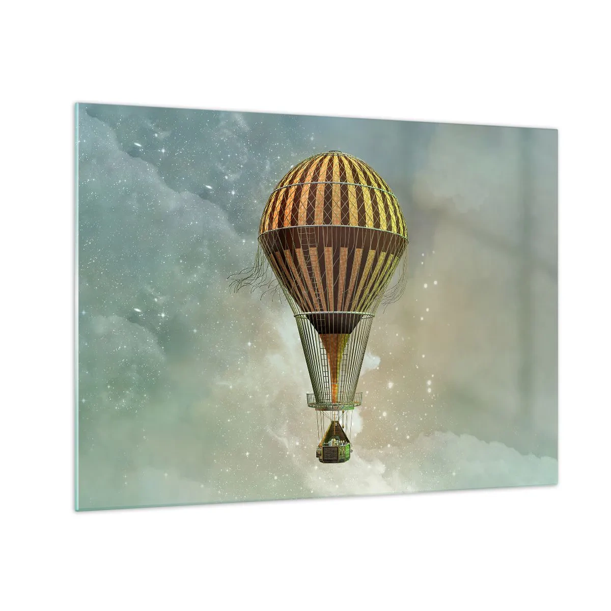Billede på glas - En stiliseret ballon mod en baggrund af en stjerneklar himmel og skyer. - 70x50cm - Banebrydende flyvninger - Moderne vægdekoration til stue og soveværelse ARTTOR