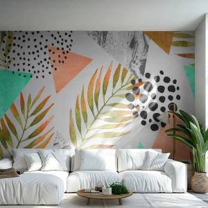 Fototapet Standard Eco - Geometriske mønstre og akvarelblade på en lys baggrund - 100x70cm - Dekoration med palmeblade - Moderne vægdekoration til stue og soveværelse ARTTOR