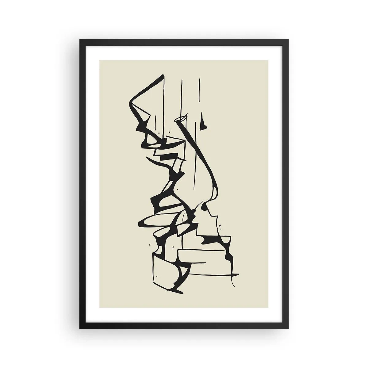 Plakat i sort ramme - Abstrakt sort-hvid komposition af linjer og former - 50x70cm - Måske et landskab - Moderne vægdekoration til stue og soveværelse ARTTOR