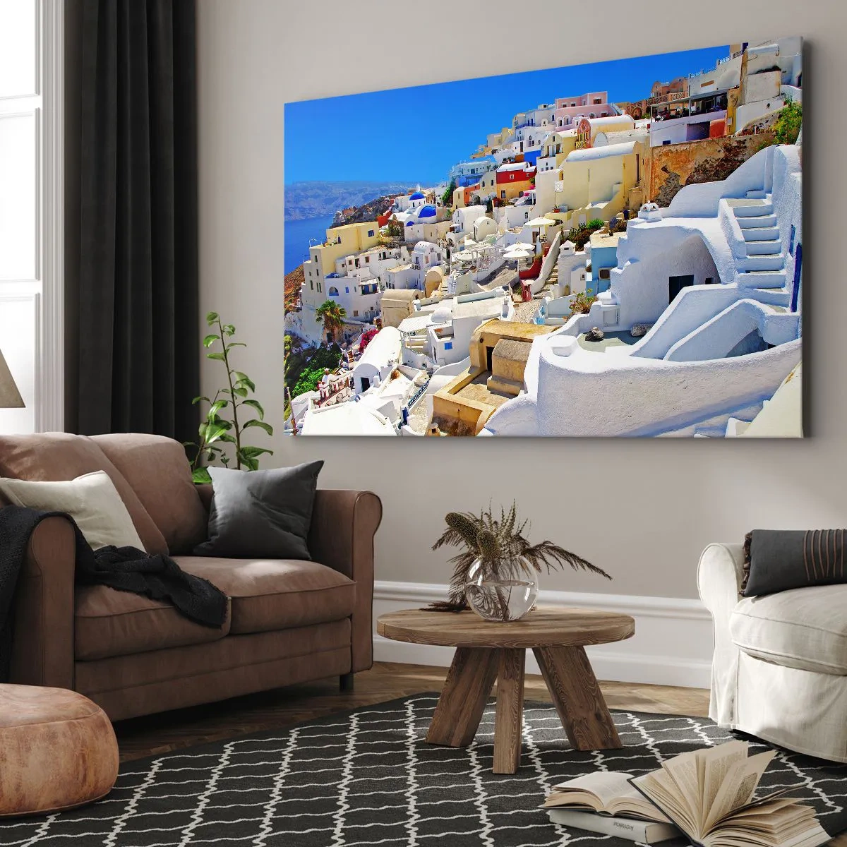 Lærredstryk - Billede på lærred - Panorama over Santorini med hvide huse og blå himmel - 70x50cm - Drømme om en græsk sommer - Moderne vægdekoration til stue og soveværelse ARTTOR