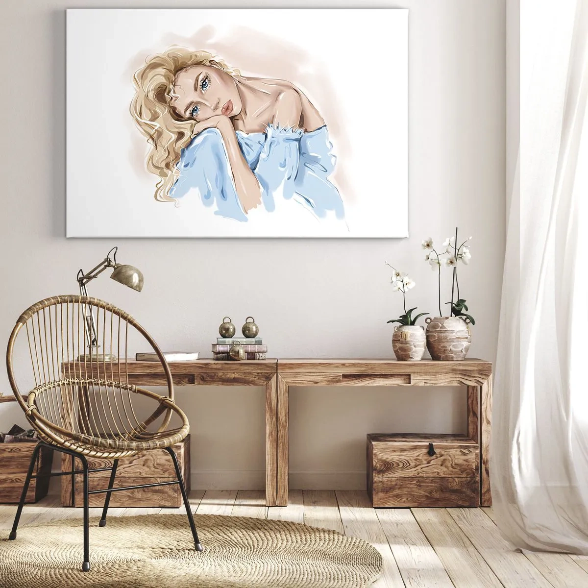 Lærredstryk - Billede på lærred - Portræt af en kvinde i en blå kjole med blond hår - 70x50cm - Drømmende i blåt - Moderne vægdekoration til stue og soveværelse ARTTOR
