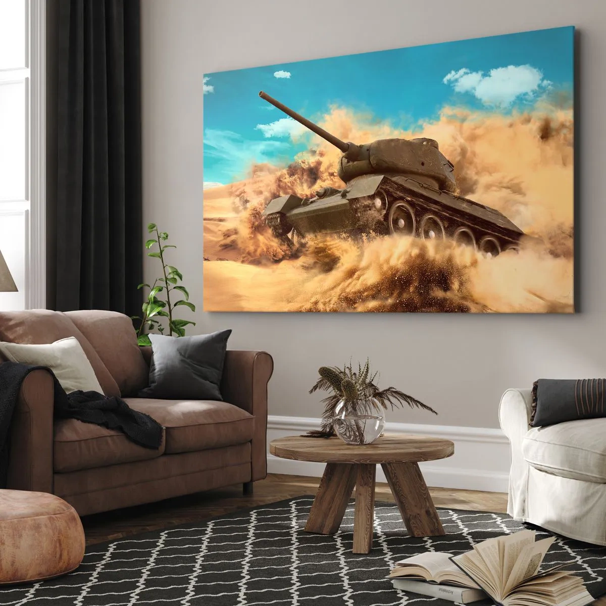 Lærredstryk - Billede på lærred - En tank i aktion i ørkenen, omgivet af sandstøv. - 70x50cm - Ikke at slå - Moderne vægdekoration til stue og soveværelse ARTTOR