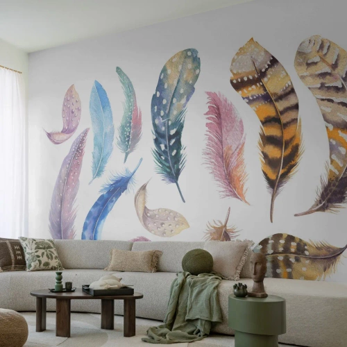 Fototapet Premium Canvas - Letvægts, farverig og flerfarvet - Fuglefjer, Fugle, Grafik - 350x256 cm